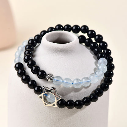 Natural Obsidian Aquamarine Double Circle Hexagram Bracelet - Spiritual Protection & Harmony