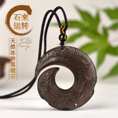 Natural Mexican Obsidian Lucky Pendant | Peace Buckle Necklace for Spiritual Protection