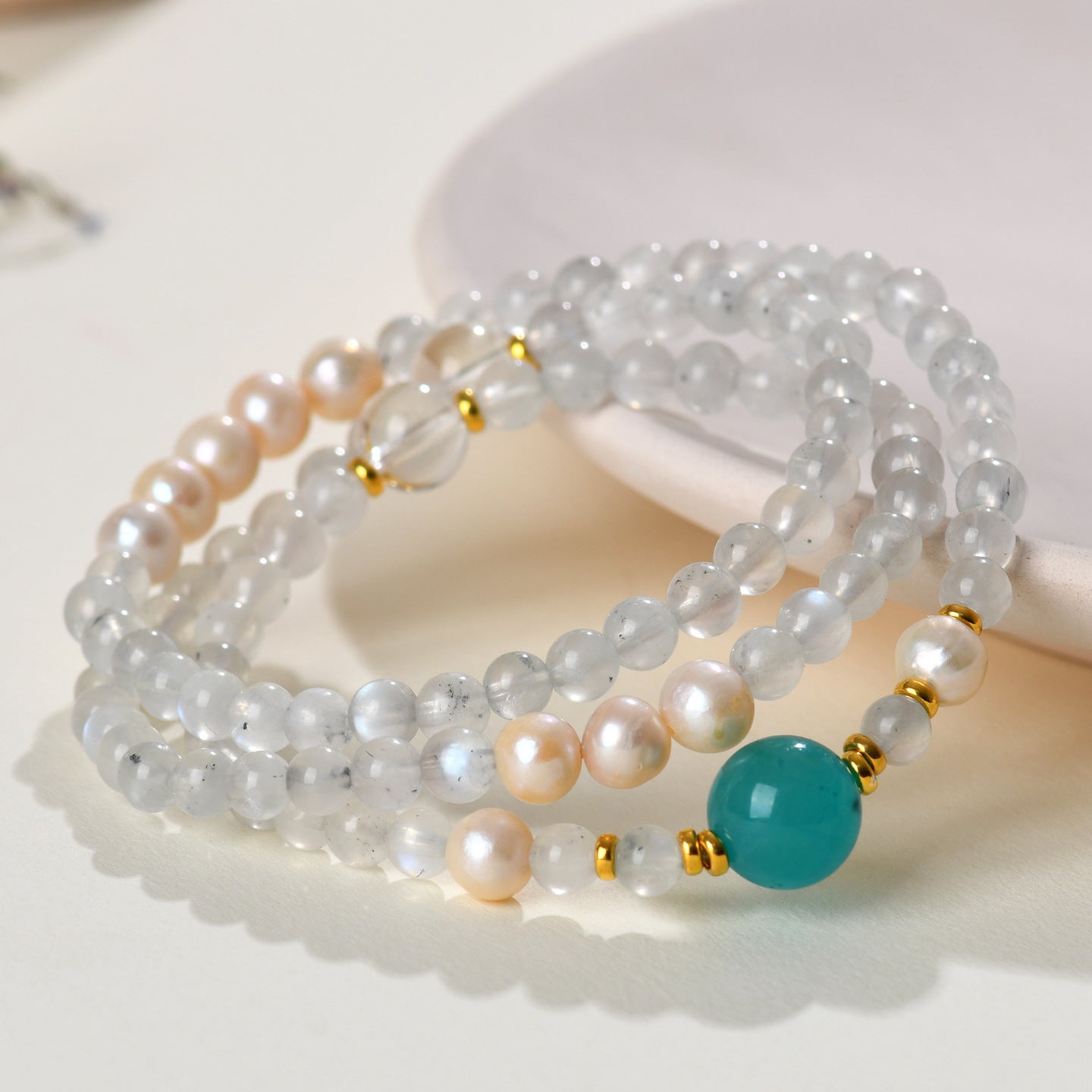 Natural Moonstone & Tianhe Stone Three-Layer Bracelet with Pearl Accents – S925 Silver Harmony Jewelry for Women