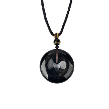 Natural Obsidian White Agate Peace Buckle Pendant - Chinese Style Zodiac Harmony Necklace