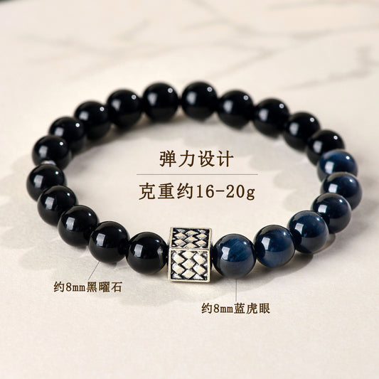 Natural Obsidian Blue Tiger Eye Bracelet | Chinese Style Buddhist Bead for Zodiac Year Protection