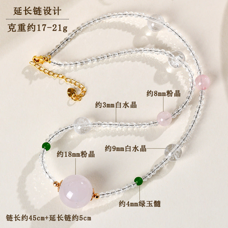 Natural White & Pink Crystal Round Bead Pendant Necklace | Spiritual Elegance & Protection
