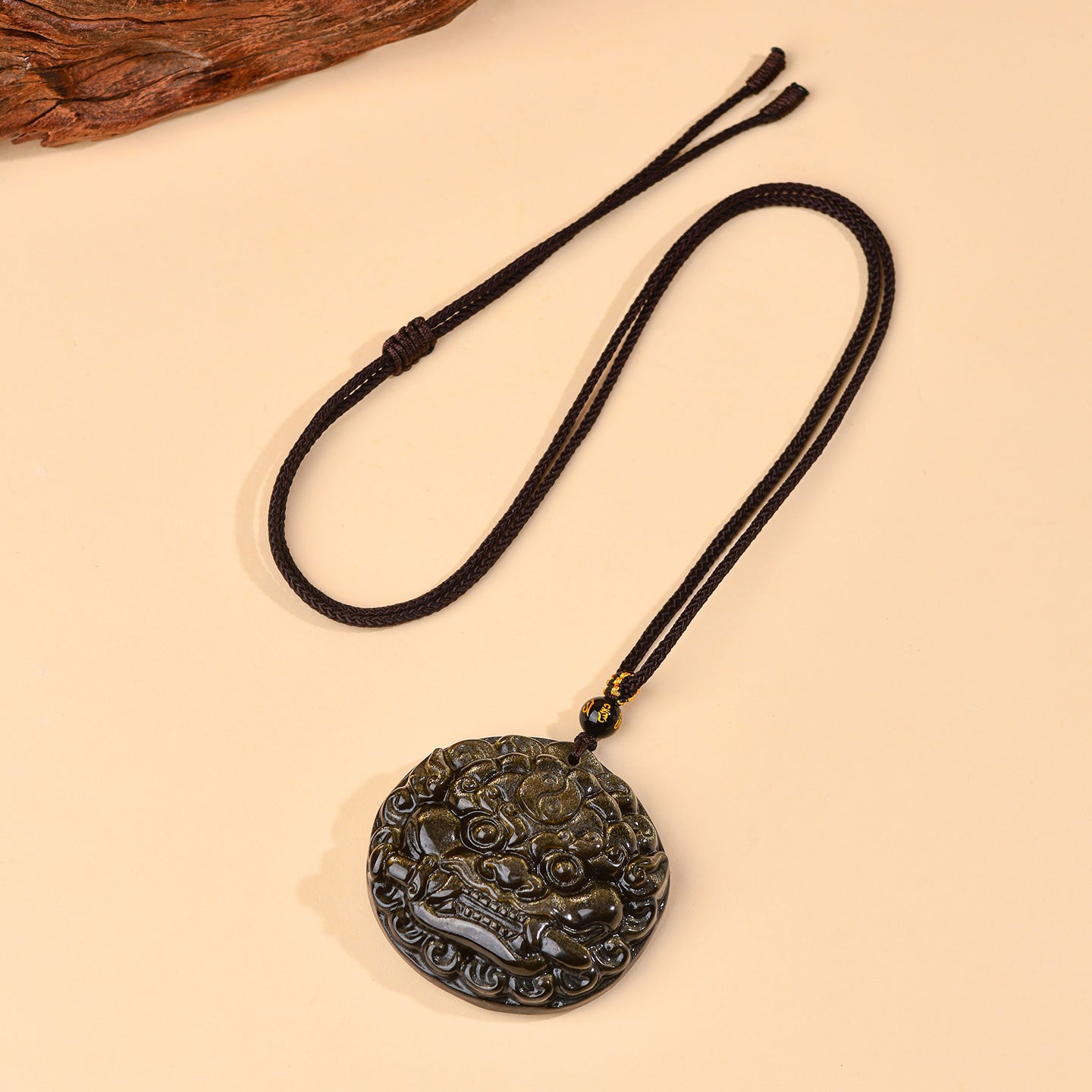 Golden Obsidian Bagua Pixiu Pendant Necklace - Spiritual Protection & Wealth