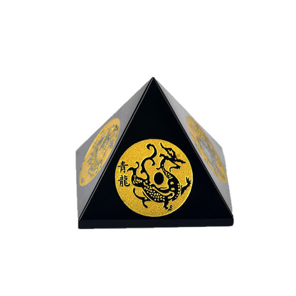 Natural Obsidian Pyramid with Four Divine Beasts - Feng Shui Home Ornament for Protection and Harmony