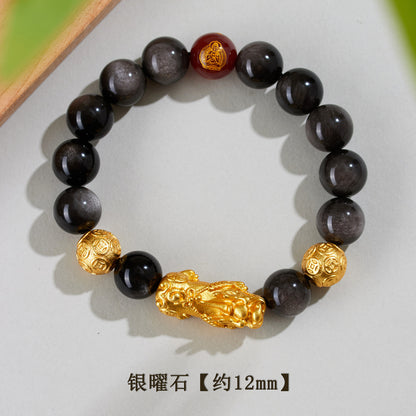 Natural Obsidian Gold Pixiu Zodiac Buddha Bracelet for Wealth Protection and Spiritual Harmony