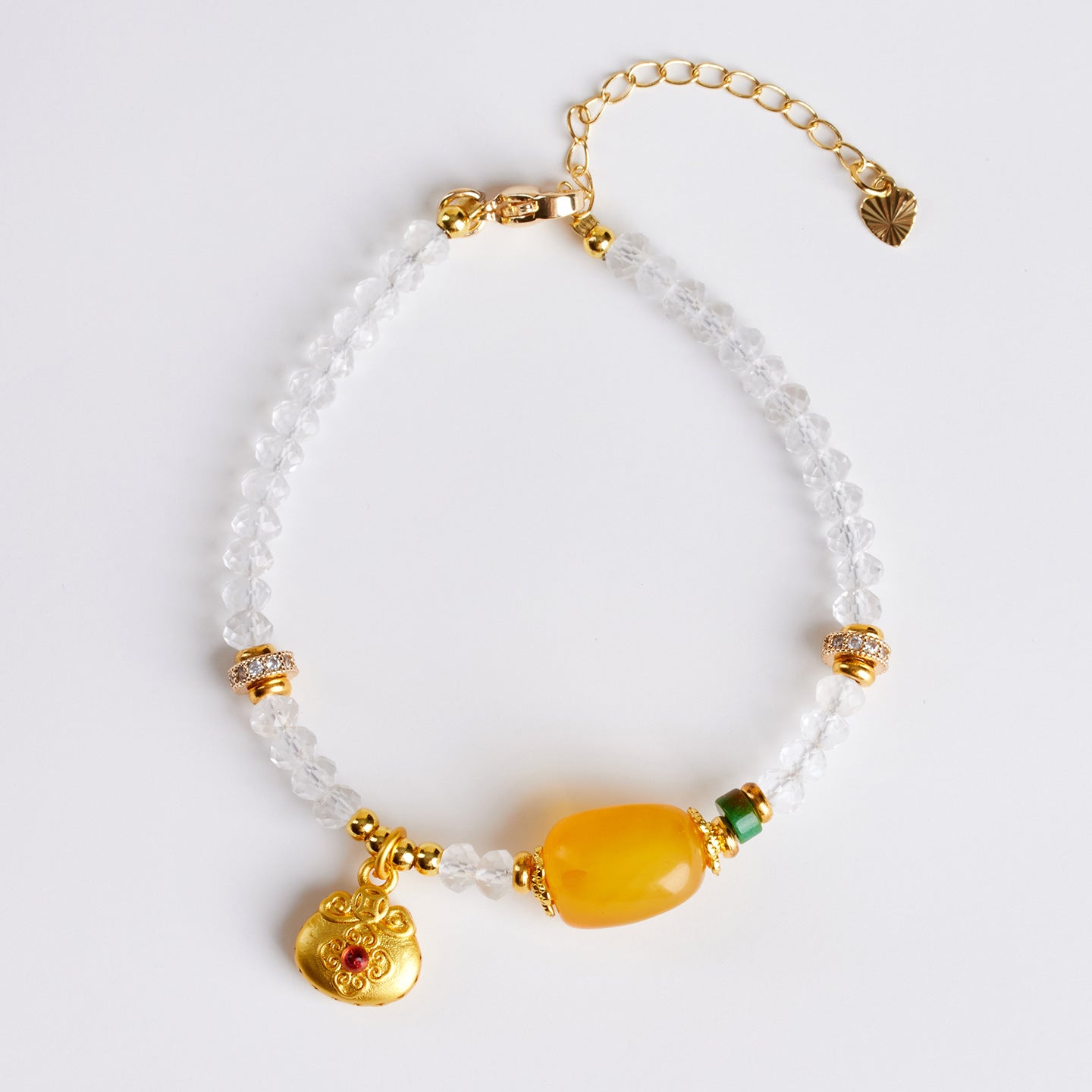 Natural Carved White Crystal and Amber Bead Bracelet | Chinese Style Spiritual Jewelry for Women