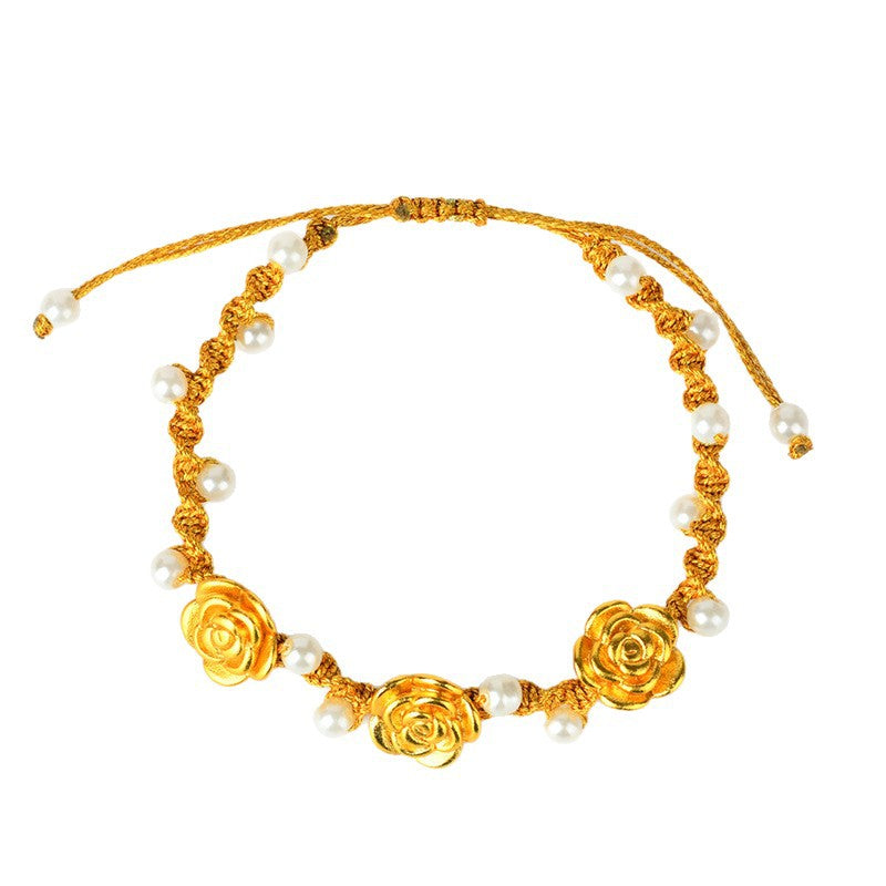 Golden Sand Rose Hand-Woven Bracelet | Ancient French Chinese Style Women's Luck Charm