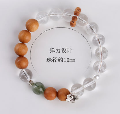 Natural White Crystal Sandalwood Green Rutilated Quartz Bracelet - Zen Buddhist Beads for Spiritual Harmony