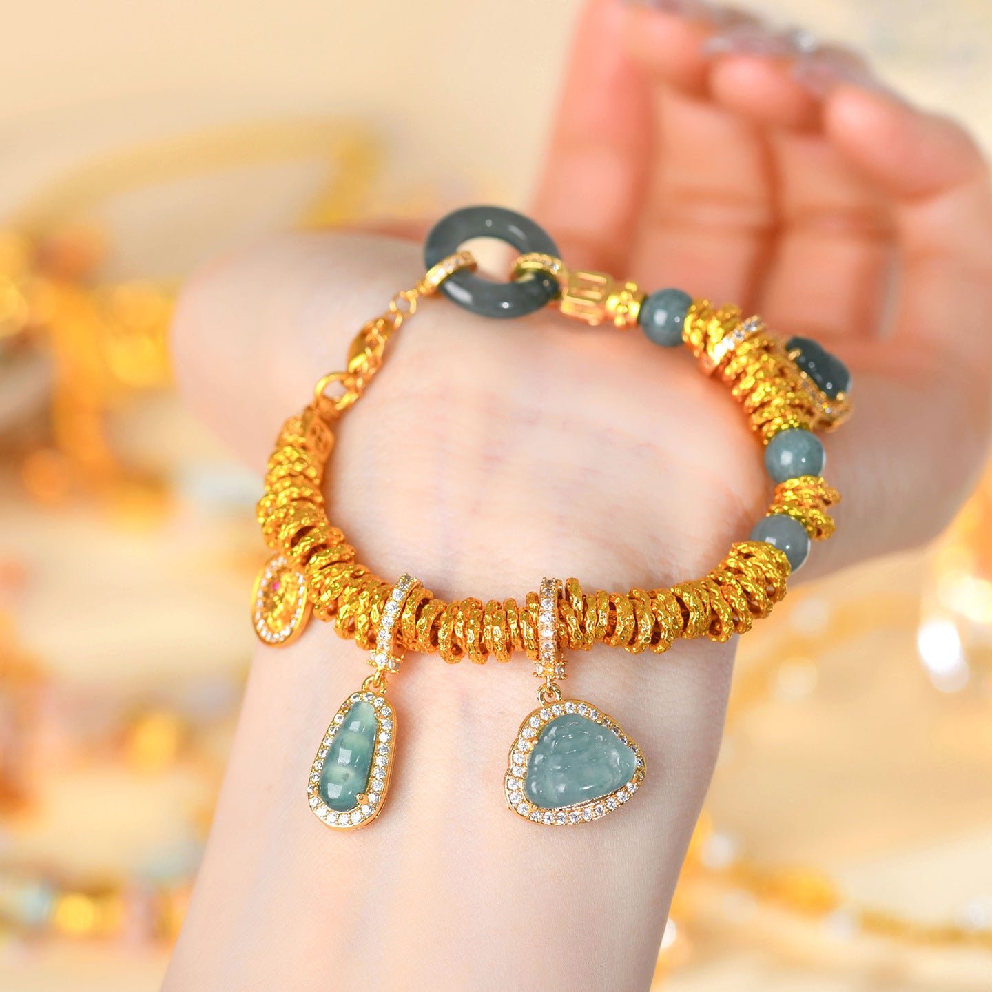 Golden Coiled Natural Jade Multi-Gem Bracelet | Wealth & Protection Talisman