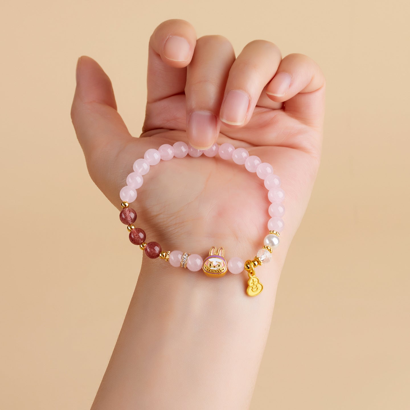 Natural Rose Strawberry Quartz LABUBU Charm Bracelet for Love and Harmony