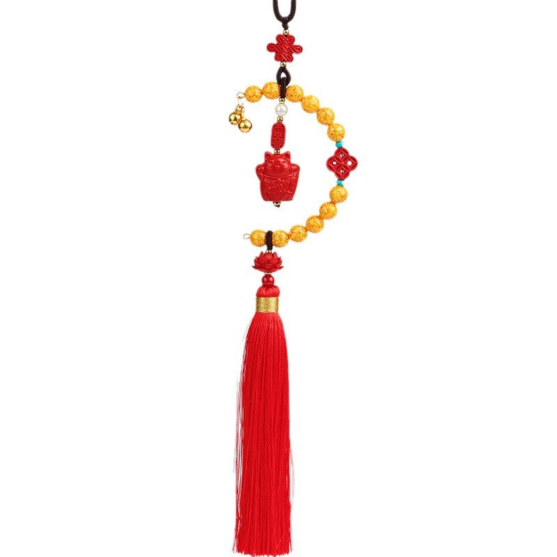 Natural Cinnabar Lucky Cat Car Hanging Ornament - Feng Shui Protection & Wealth Attraction