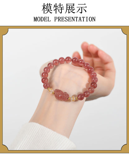 Natural Strawberry Quartz Obsidian Couple Pixiu Bracelet - Wealth and Love Talisman