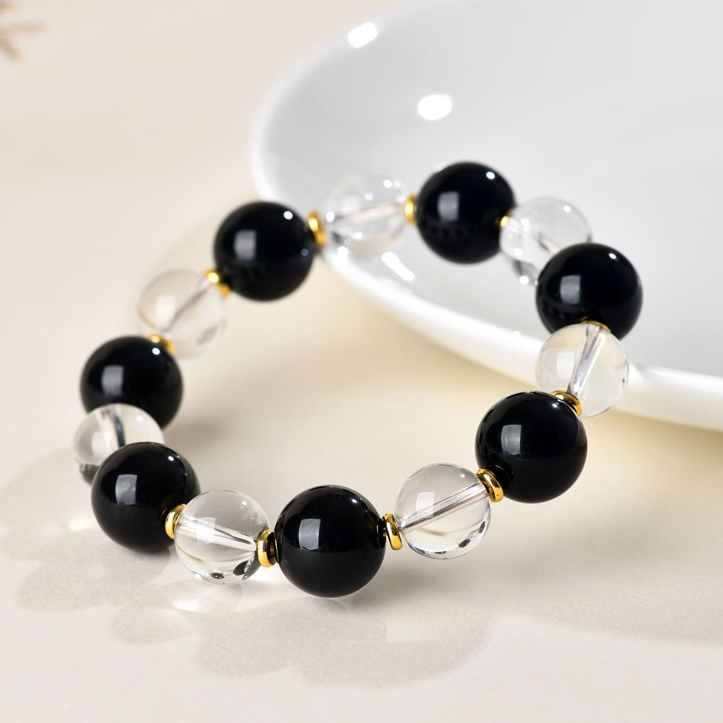 Natural White Crystal and Black Obsidian Single Circle Bracelet - Unisex Spiritual Protection Jewelry