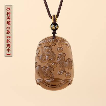 Natural Ice Obsidian Zodiac Triad Pendant Necklace｜Birth Year Protection & Harmony