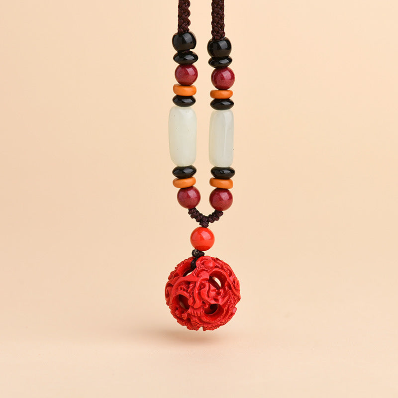 Natural Cinnabar Dragon Phoenix Hollow Ball Pendant Necklace - Auspicious Protection & Harmony