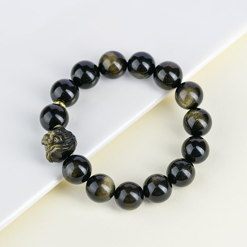 Golden Obsidian Double Color Eye Bracelet with Awakening Lion - Chinese Style Spiritual Protection Jewelry