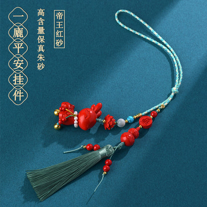 Natural High-Content Cinnabar Deer Safe Journey Car Pendant Keychain Bag Ornament