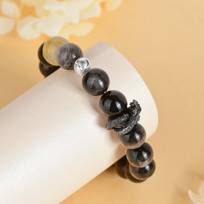 Natural Silver Obsidian Dragon Bracelet - Chinese Zodiac Protection & Couple Harmony