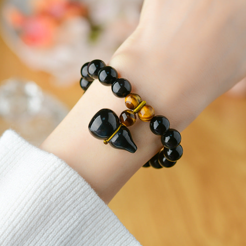 Natural Double Color Eye Obsidian Gourd Bracelet - Buddha Beads for Spiritual Protection & Fortune