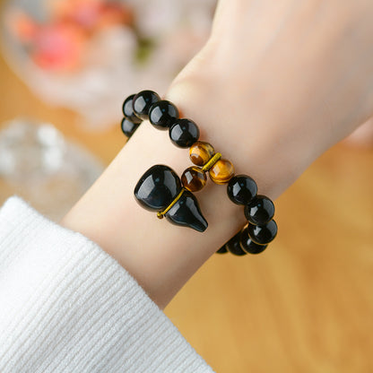 Natural Double Color Eye Obsidian Gourd Bracelet - Buddha Beads for Spiritual Protection & Fortune