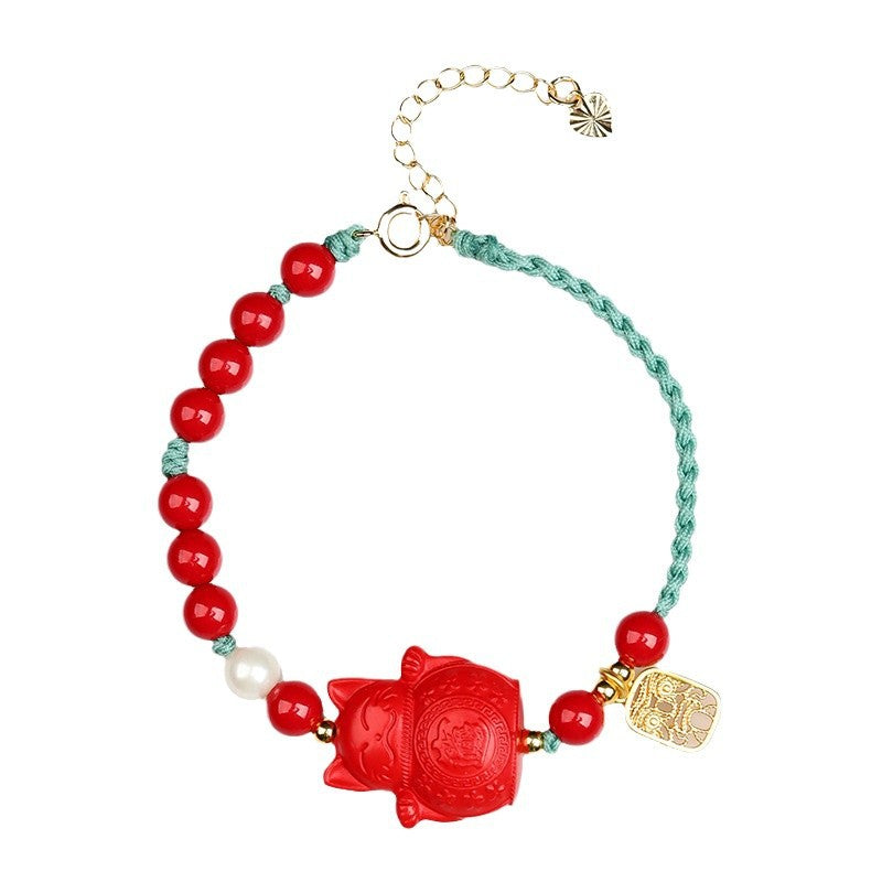 Natural Cinnabar Lucky Cat Hand-Woven Bracelet | Wealth and Fortune Talisman