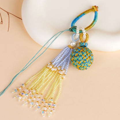 Handwoven Crystal Ball Keychain | Lucky Charm Bag Hanger with Beaded Tassel