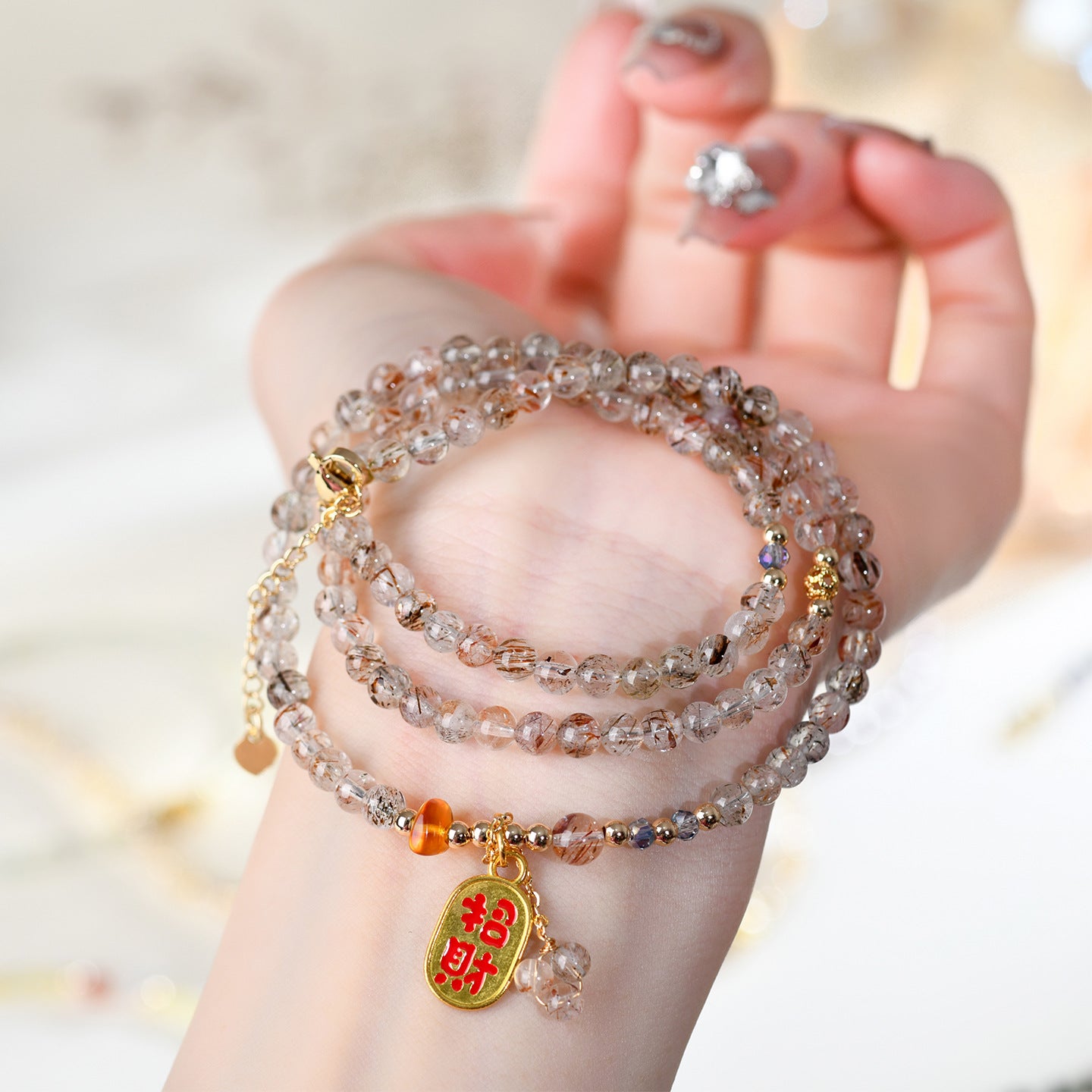 Natural Crystal Black Gold Three-Circle Bracelet & Necklace | Spiritual Protection & Elegance