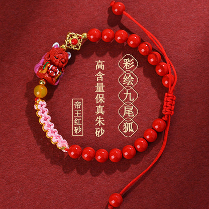 Natural Cinnabar Nine-Tailed Fox Peach Blossom Knot Bracelet - Mystical Protection and Love Charm