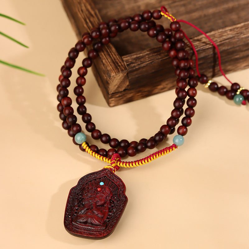 Small Leaf Red Sandalwood Double-Sided Carved Buddhist Bead Necklace - Zen Harmony & Protection