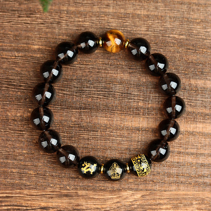 Natural Obsidian Zodiac Buddha Bracelet with Tiger Eye and Six-Word Mantra