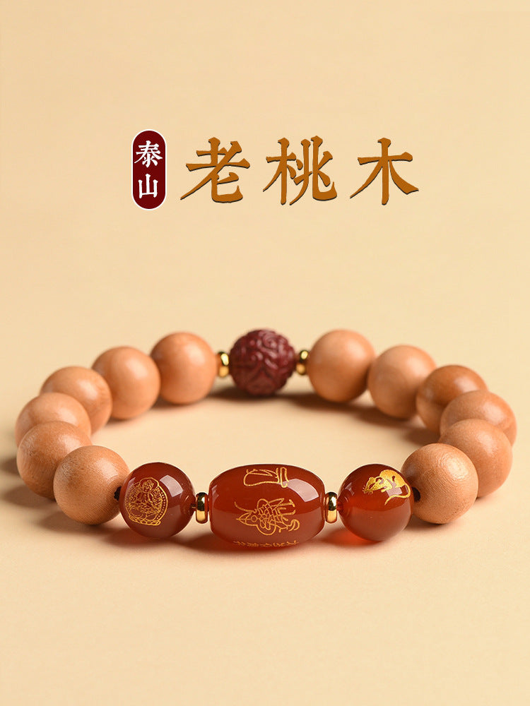 Ancient Peach Wood Cinnabar Zodiac Buddha Protection Bracelet for Harmony