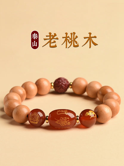 Ancient Peach Wood Cinnabar Zodiac Buddha Protection Bracelet for Harmony