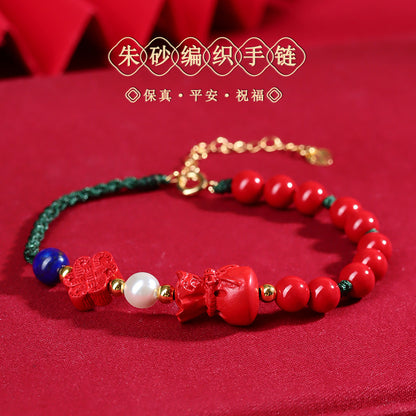 Imperial Red Sand Lucky Bag Chinese Knot Bracelet - Natural Mineral Protection & Fortune Charm
