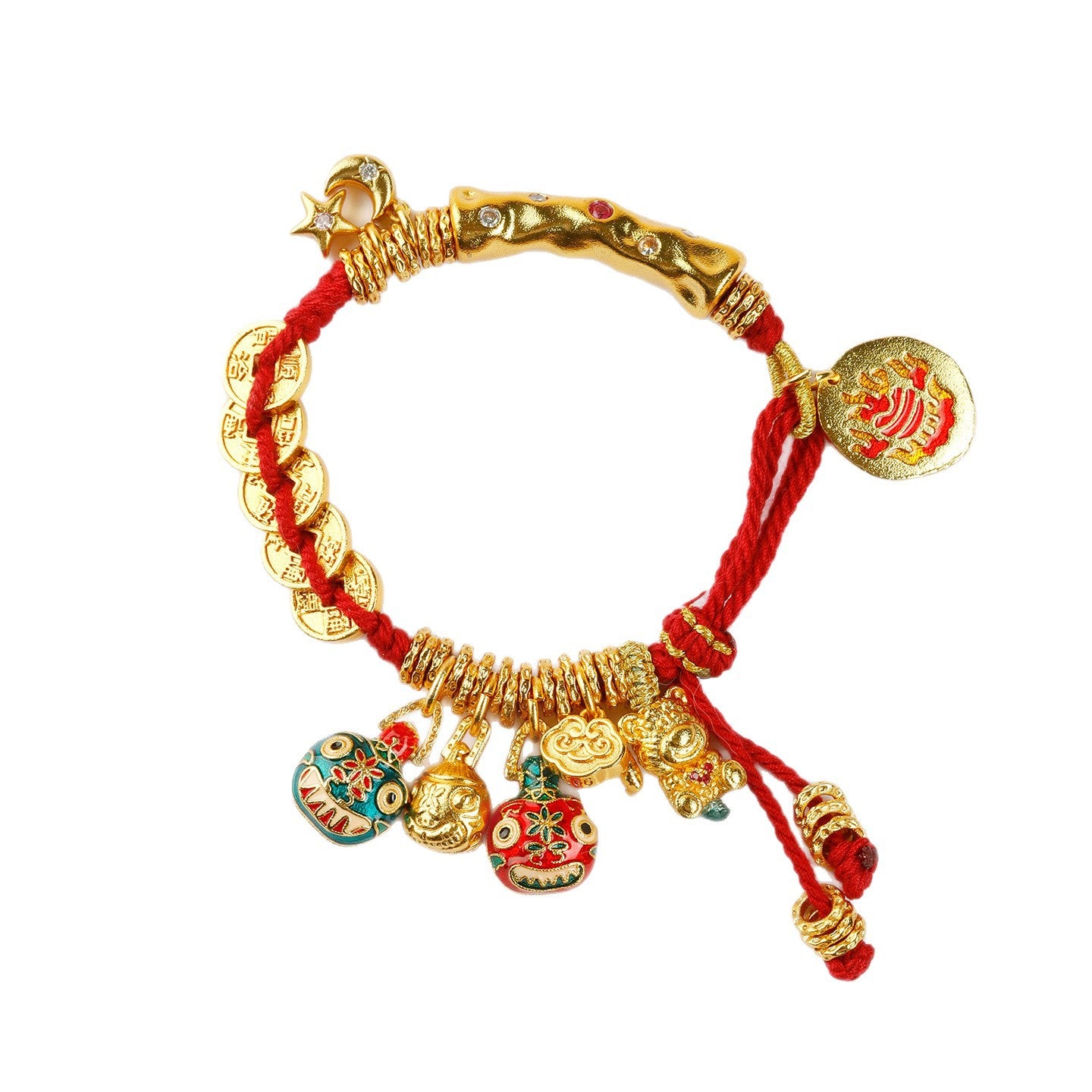 Gold Hammered Tibetan Wealth Bracelet with Five Emperors Money & Coiled Beast Family