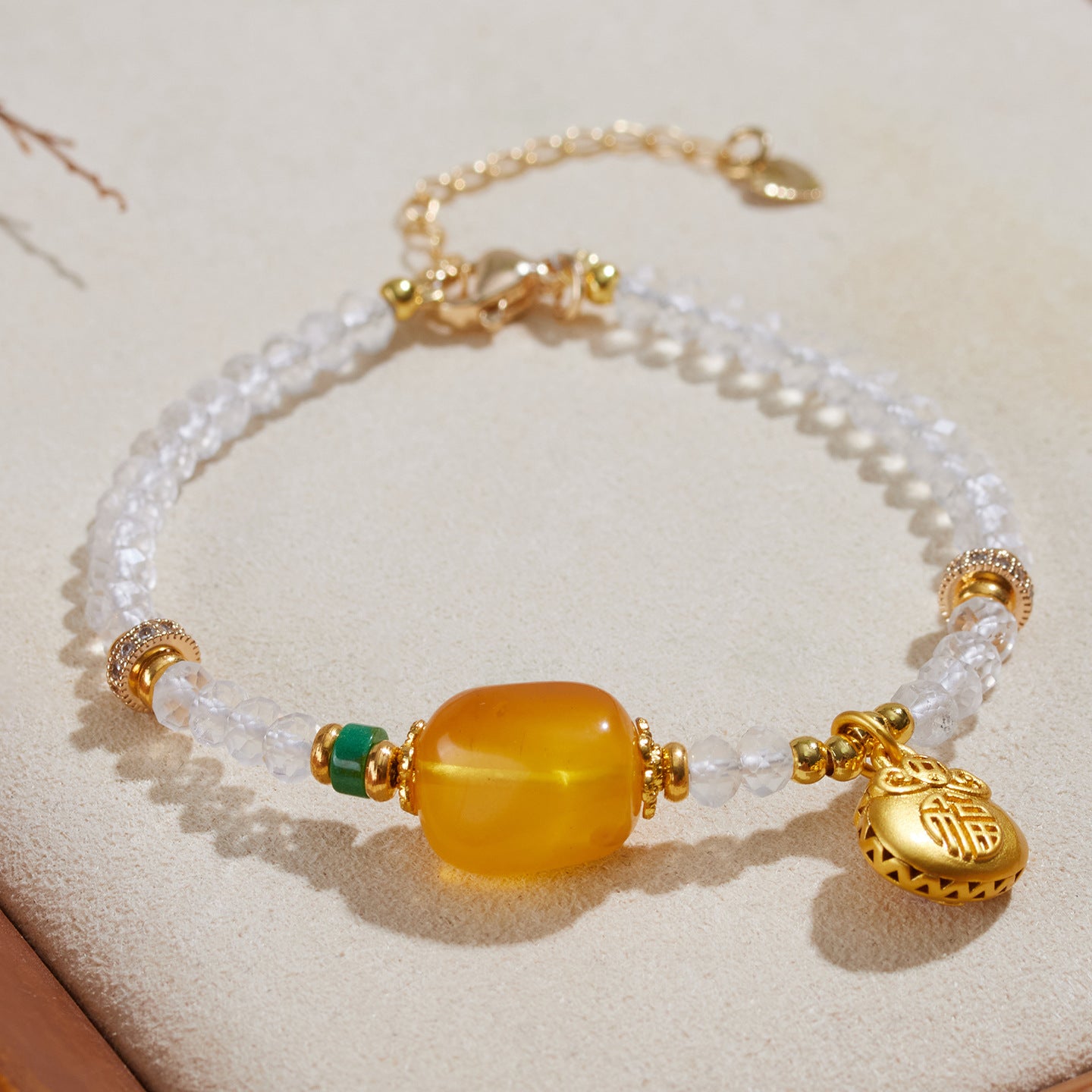 Natural Carved White Crystal and Amber Bead Bracelet | Chinese Style Spiritual Jewelry for Women