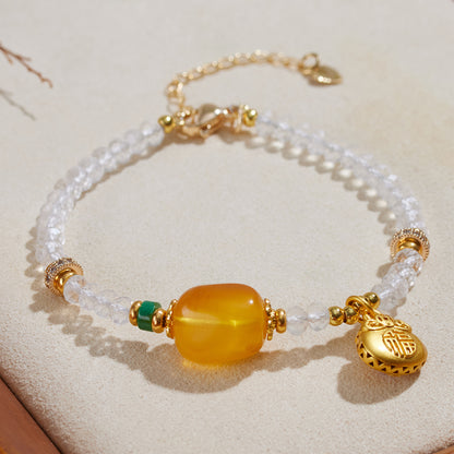 Natural Carved White Crystal and Amber Bead Bracelet | Chinese Style Spiritual Jewelry for Women