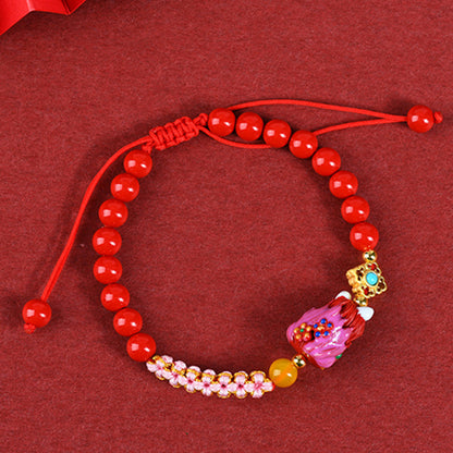 Natural Cinnabar Nine-Tailed Fox Peach Blossom Knot Bracelet - Mystical Protection and Love Charm