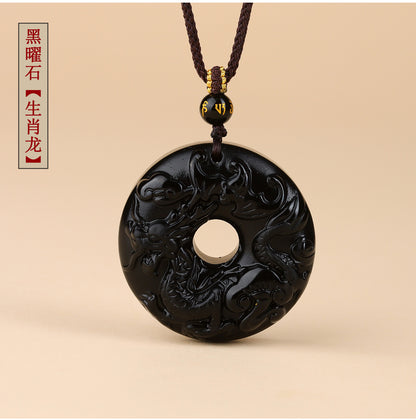 Natural Obsidian Zodiac Peace Buckle Pendant | Spiritual Protection & Fortune Necklace