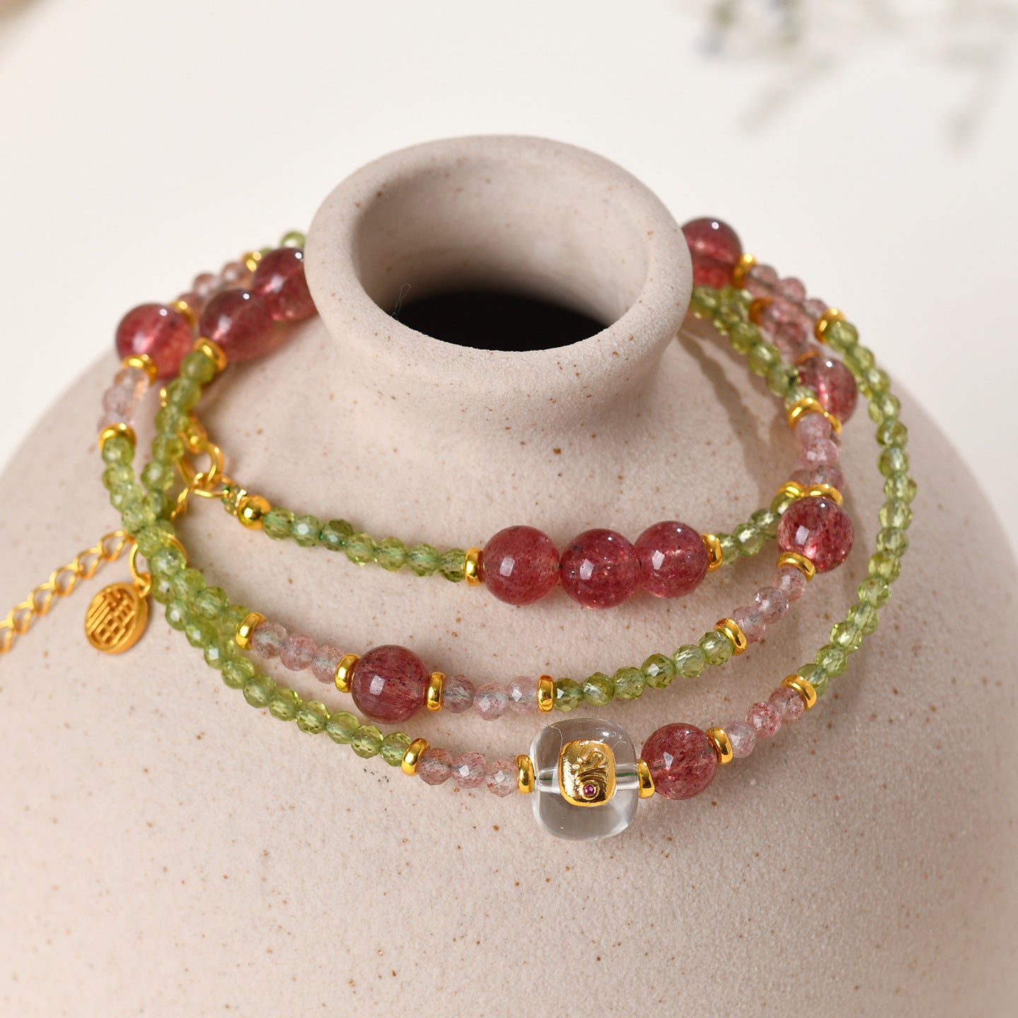 Natural Peridot Strawberry Crystal Multi-Circle Bracelet & Necklace | S925 Silver Dual-Use Women's Spiritual Jewelry