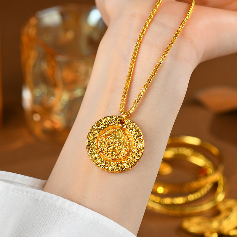 Golden Eight Treasures God of Wealth Pendant Necklace | Tibetan Retro Collarbone Chain for Prosperity