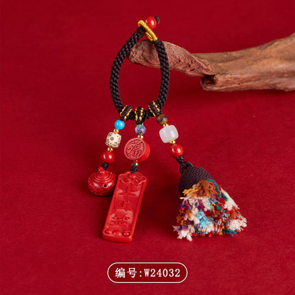 Imperial Red Cinnabar Keychain with Pineapple Charm - Wealth and Protection Amulet