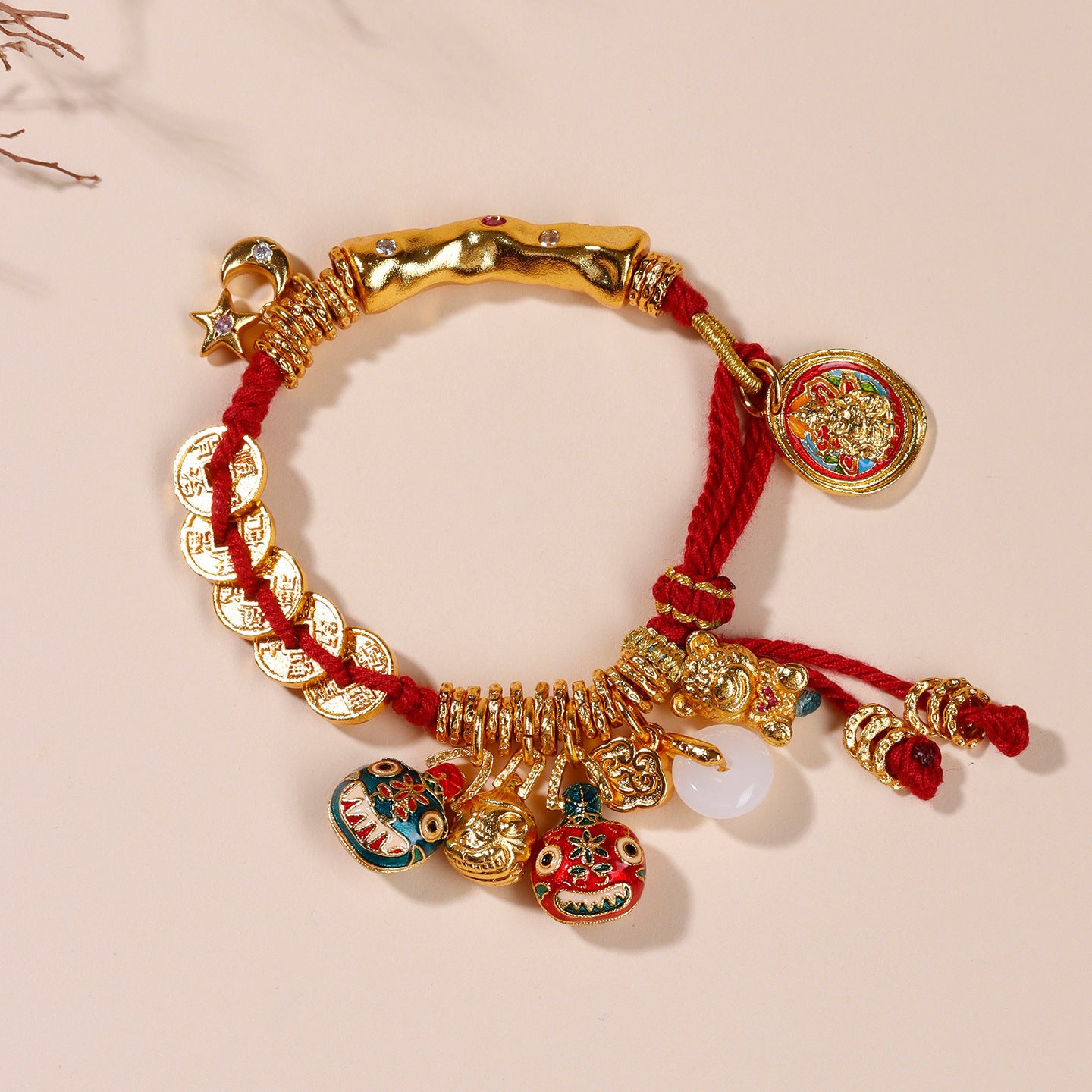 Gold Hammered Tibetan Wealth Bracelet with Five Emperors Money & Coiled Beast Family