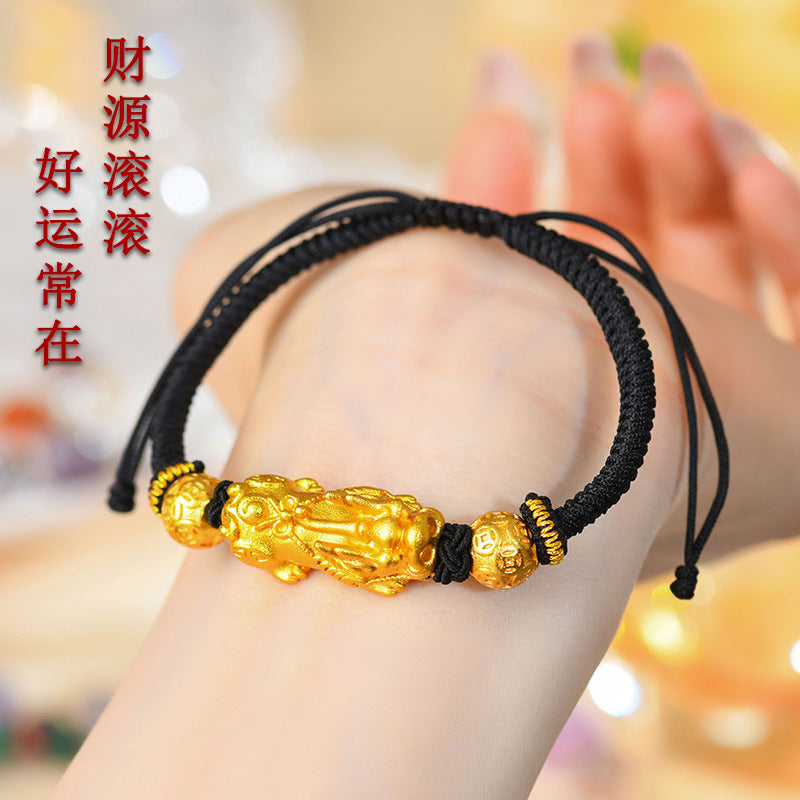 Golden Pixiu Copper Coin Bead Vajra Knot Bracelet - Wealth and Protection Charm