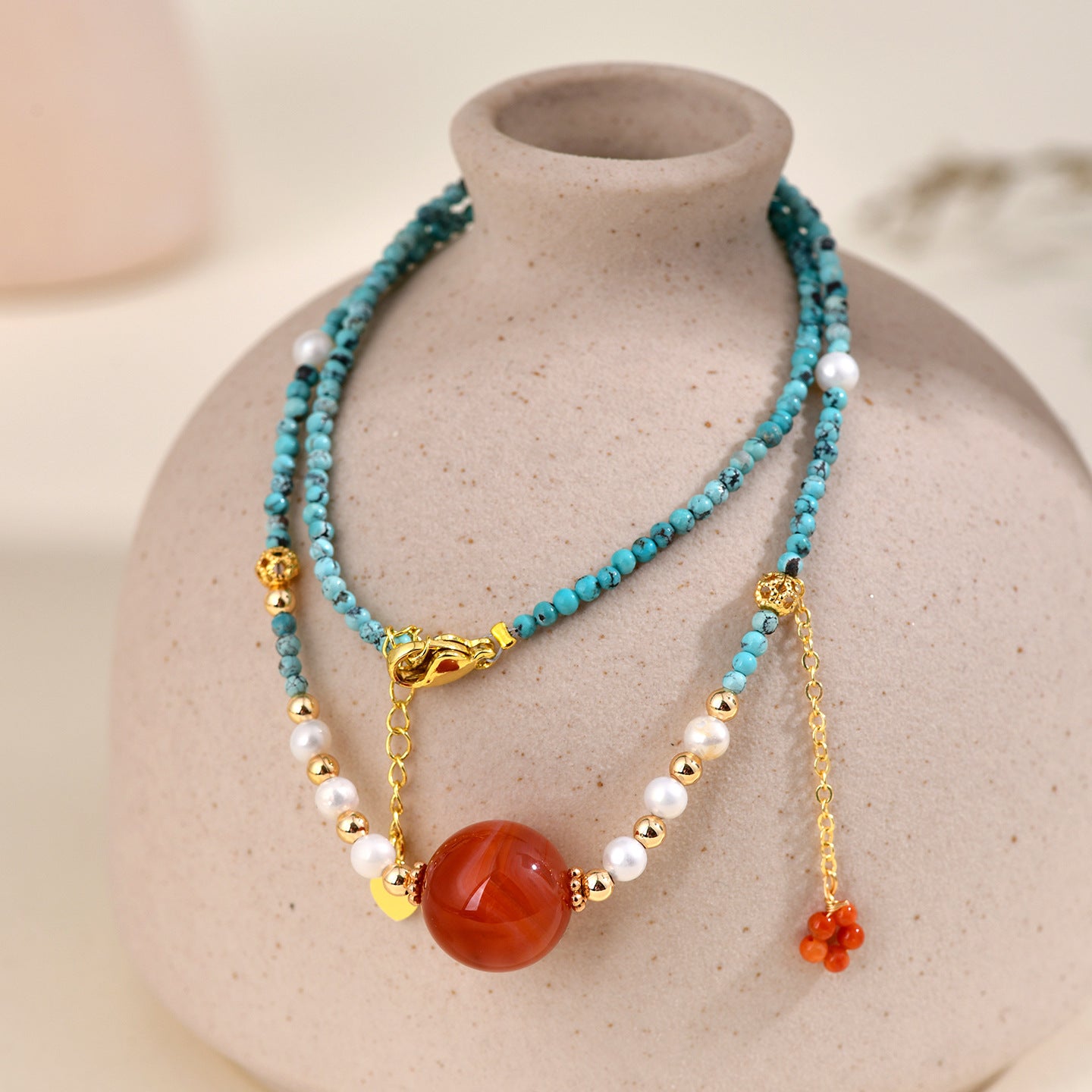 Natural Turquoise and Red Agate Collarbone Chain - Women's Spiritual Protection Necklace
