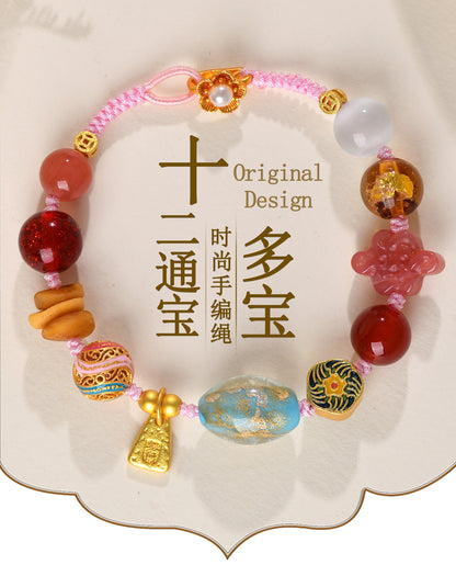 Twelve Treasures Glazed Agate Bracelet | Spiritual Protection & Wealth Amulet for Women