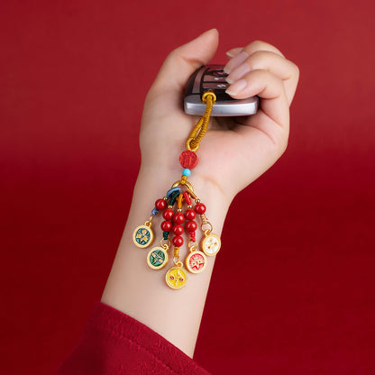 Natural Imperial Red Cinnabar Five-Way God of Wealth Keychain - Chinese Style Bag Charm for Wealth and Luck
