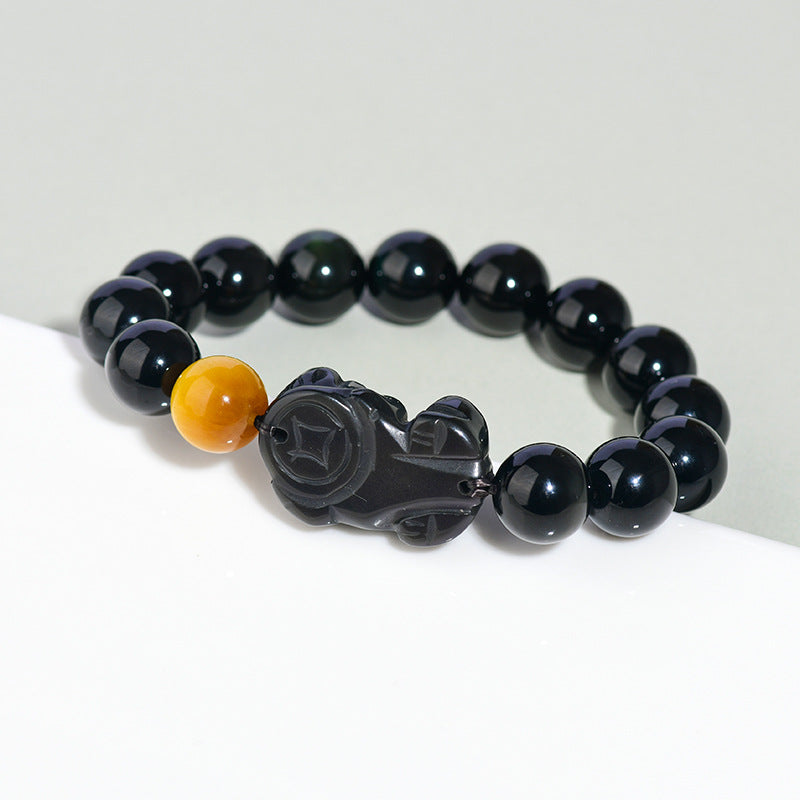 Natural Rainbow Eye Obsidian Pixiu Bracelet - Wealth and Protection Talisman for Couples