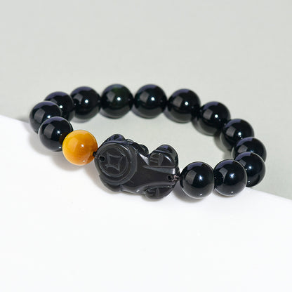 Natural Rainbow Eye Obsidian Pixiu Bracelet - Wealth and Protection Talisman for Couples