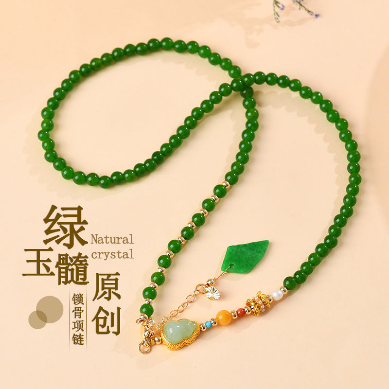 Green Chalcedony Gourd Pendant Necklace | Chinese Retro Style Fortune & Protection Amulet