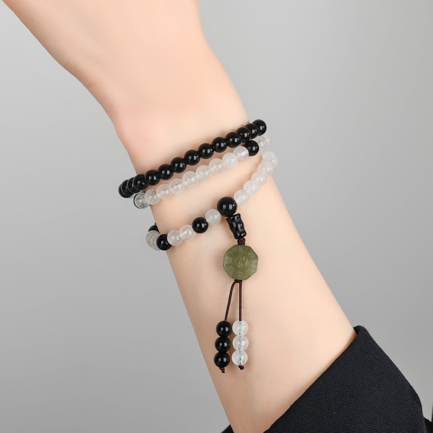 Tai Chi Bagua Flowing Bead Bracelet with White Agate and Black Obsidian | Spiritual Protection Balance